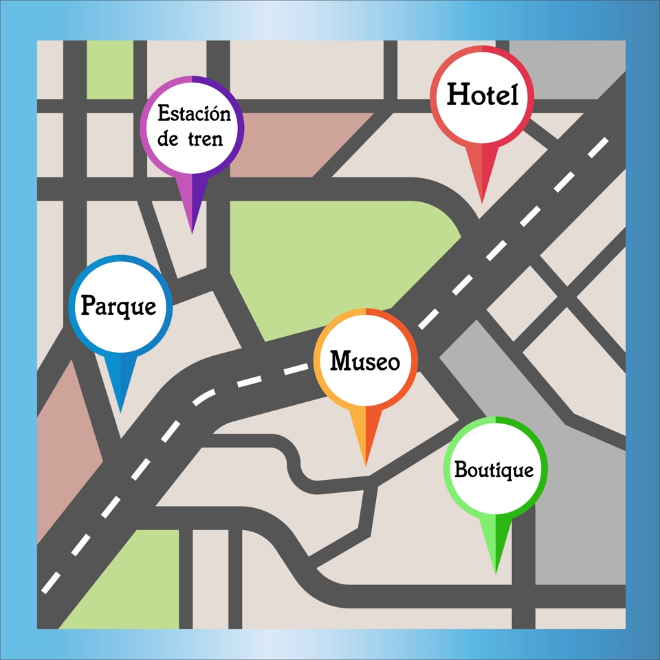 Anota lugares como: restaurantes, estación de trenes, tiendas de ropa, parada de buses