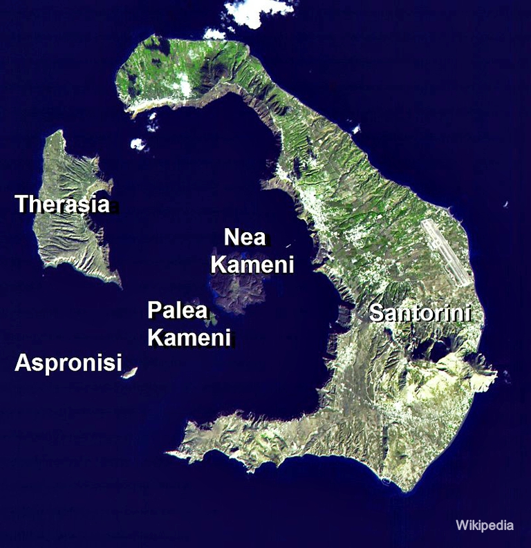 Mapa de la ubicación de Therasia y Santorini, en el archipielago de llas cíclidas -wikipedia